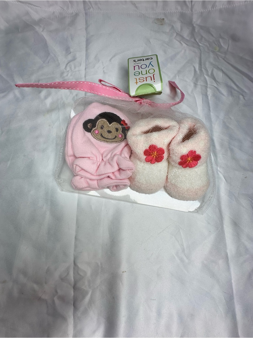 Carter's Pink Monkey Mittens and Cream Booties with Flower Accents